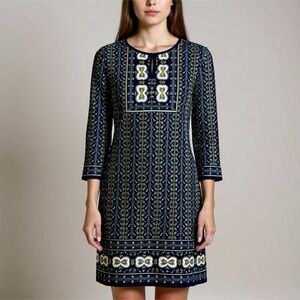 Max Studio Dress 3/4 Sleeve Floral Navy Blue Size Medium Stretchy Casual Key Hol